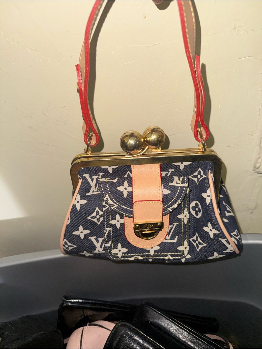 Designer-Inspired Navy Monogram Frame Bag with Pink Trim